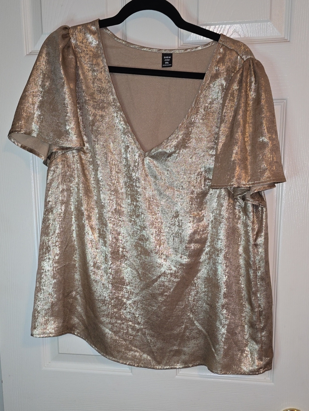 SHEIN Metallic Champagne V-Neck Flutterā Sleeve Blouse